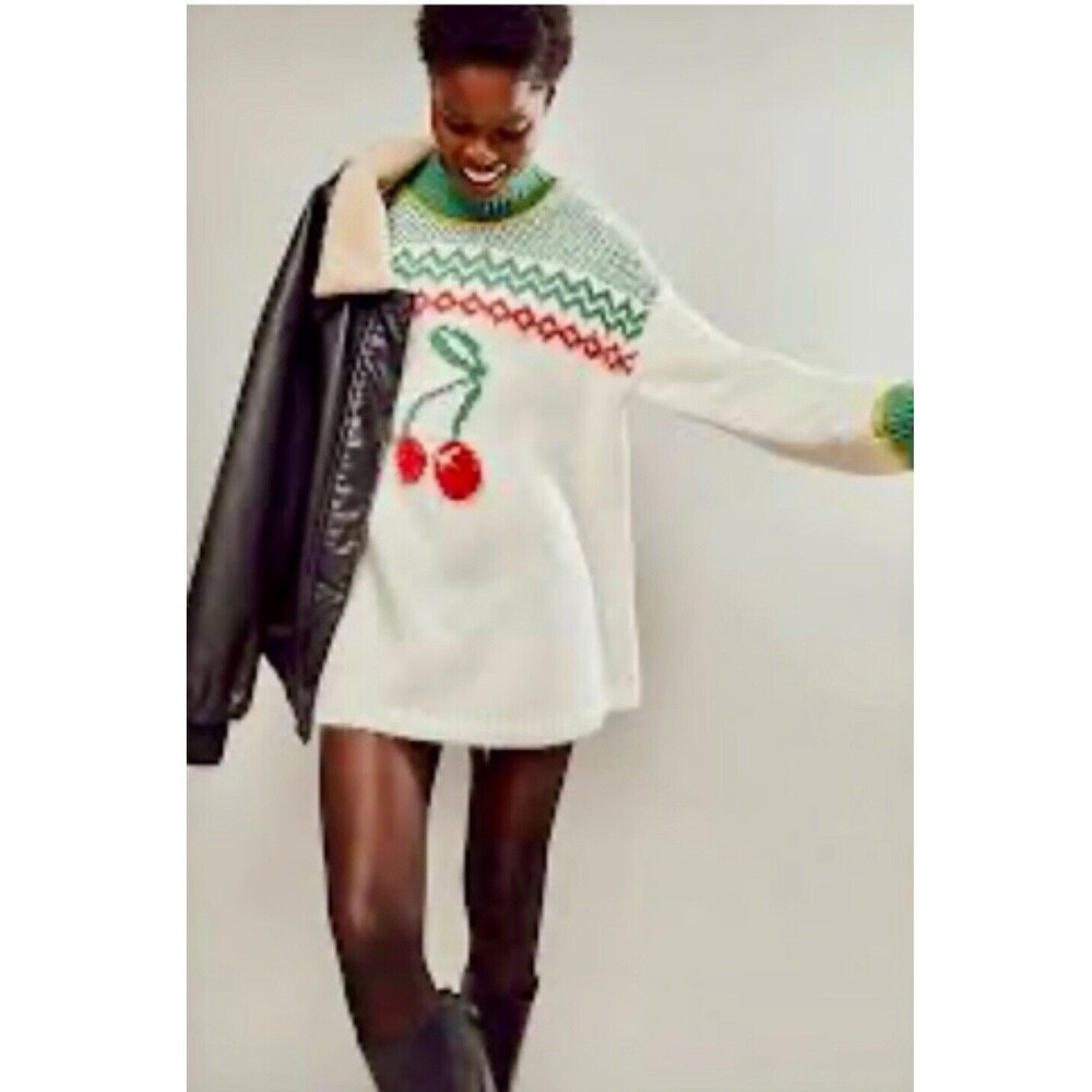 Free People Dress Cherry Heart Sweater Mock Neck Thick Green Red Holiday L New